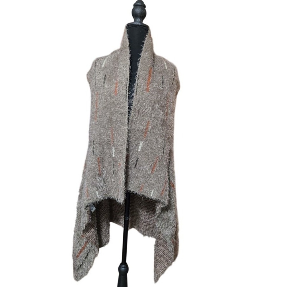 DR Taupe Fuzzy Eyelash Knit Open Front Vest Shawl Collar Striped One Size